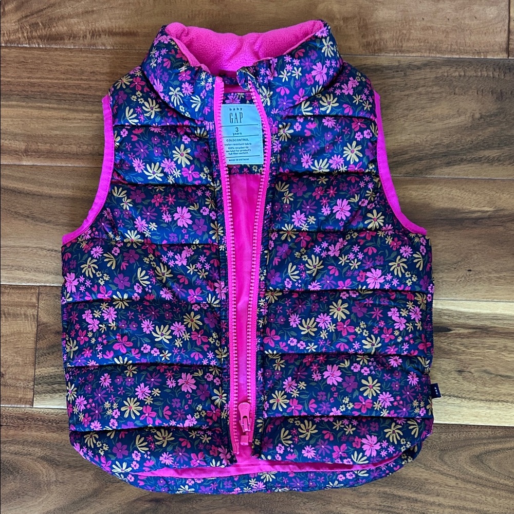 Baby GAP Floral Puffer Vest - Pink and Navy